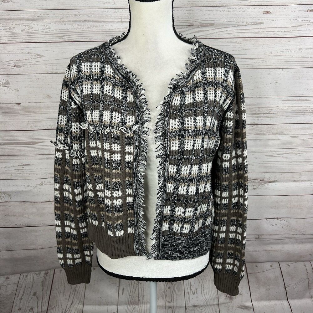 CAbi # 4097 Classic Cardigan Sweater Size Medium Brown Plaid Open Front Fringe